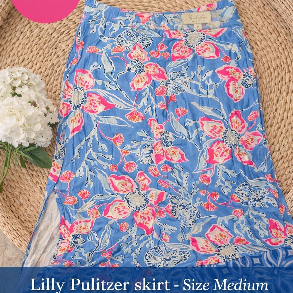 Lilly Pulitzer Blue Maxi Skirt with Pink & White Floral Print
